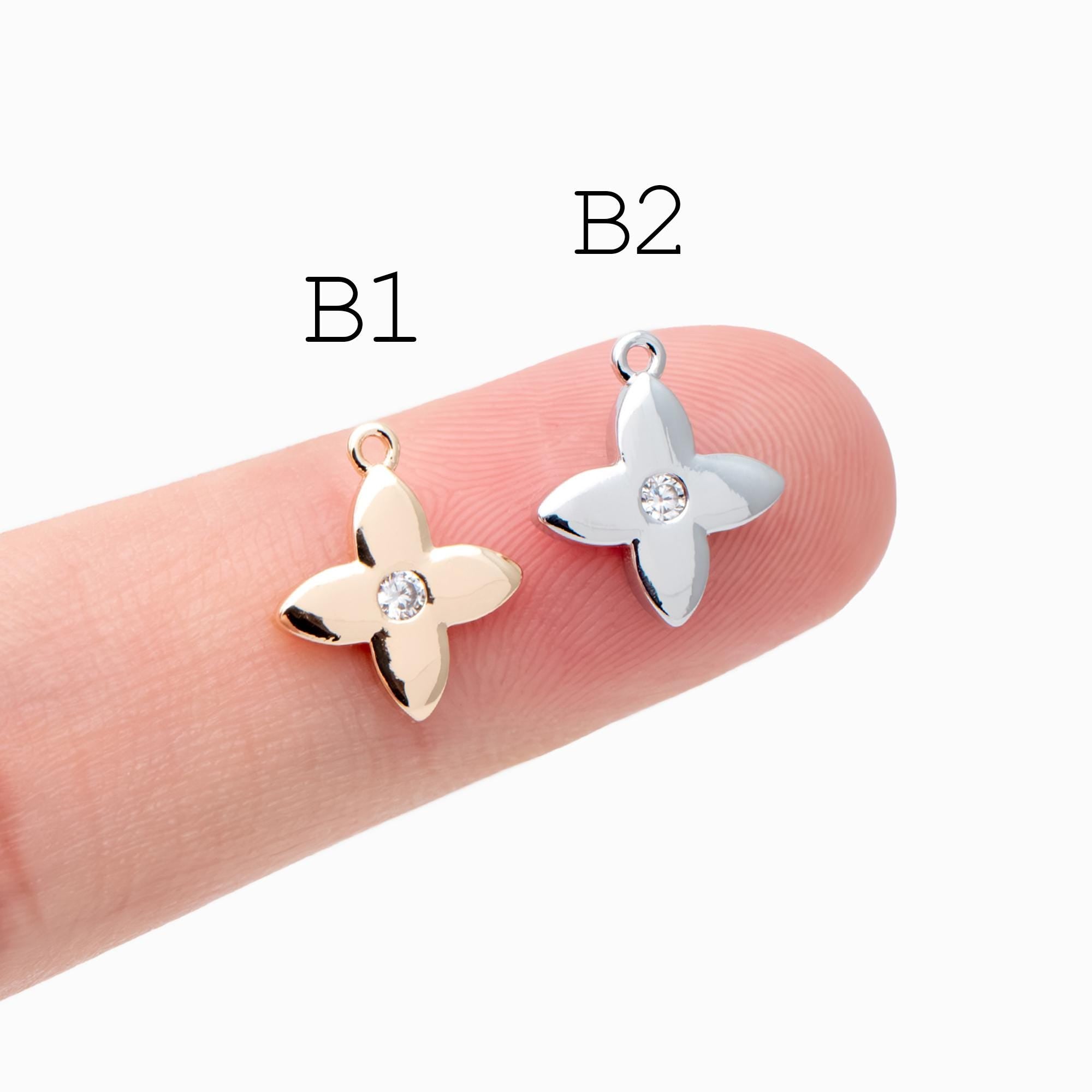 4pcs Gold/ Silver Tone CZ Pave Flower Leaf Charms , Real Gold/ Rhodium plated Brass, Dainty Earring Pendants (GB-978)